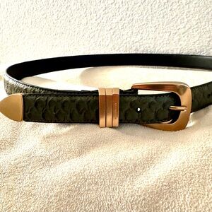 All Saints Olive Leather Belt with Bronze Buckle